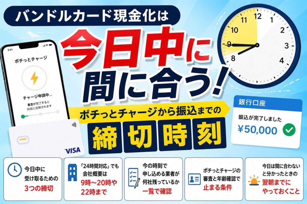 バンドルカード現金化は今日中に間に合う！ポチっとチャージから振込までの締切時刻